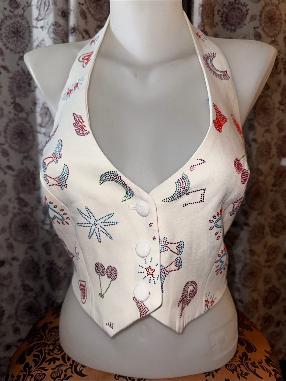 Nasty Gal White Halter Button-Front Vest with Multicolor Motifs